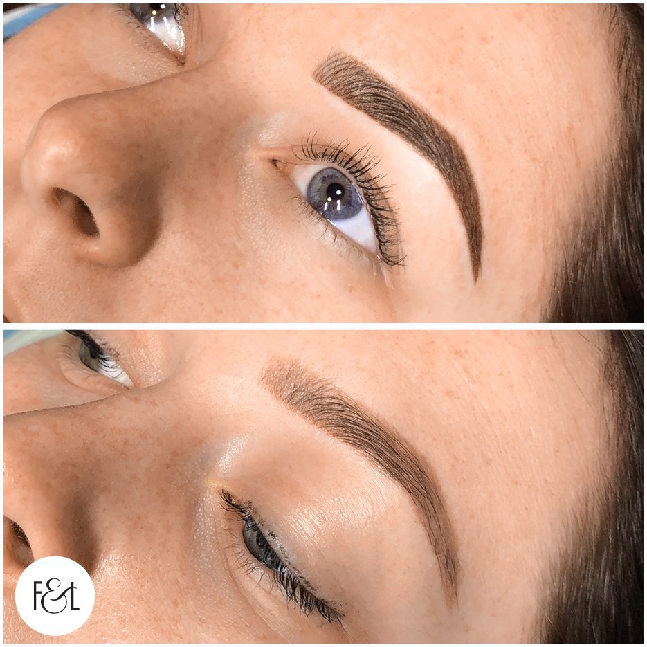 Bottom: Eyebrow tattoo after 18 months. Colour has faded to a reddish-brown tone. Top: Eyebrow tattoo after Refresh Appointment.